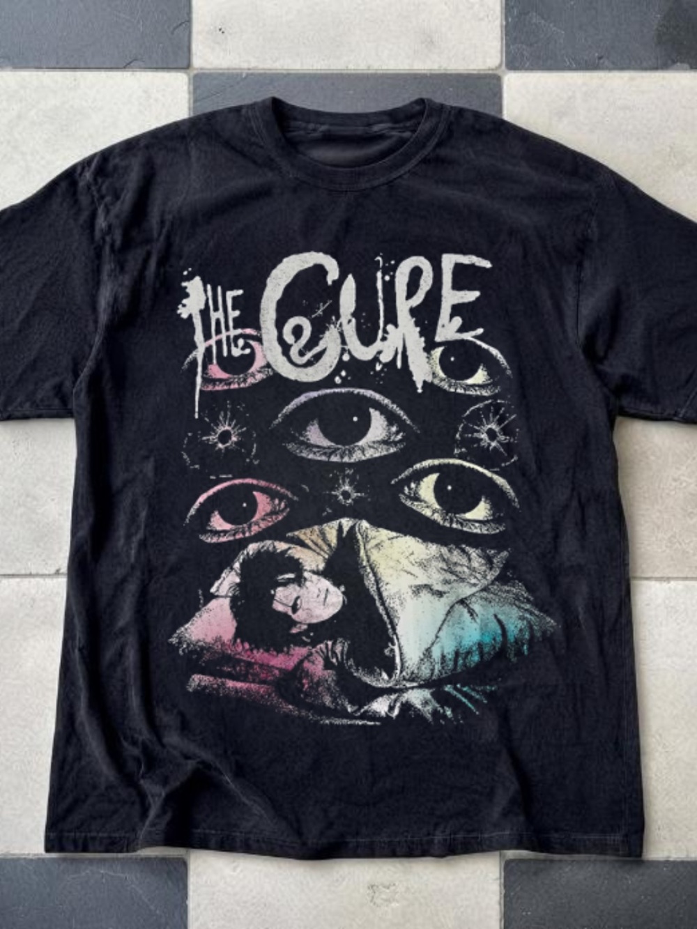 Gildan Black Graphic Tee with Multicolor Cure Eye Portrait